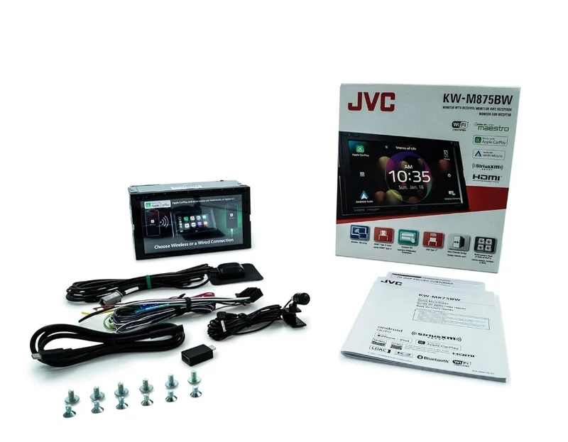JVC Built in Wi-Fi for Wireless CarPlay Android Auto, 6.8" LCD Touchscreen Display, AM/FM, Bluetooth, MP3 Player, USB Port, Double DIN, 13-Band EQ, SiriusXM Car Radio