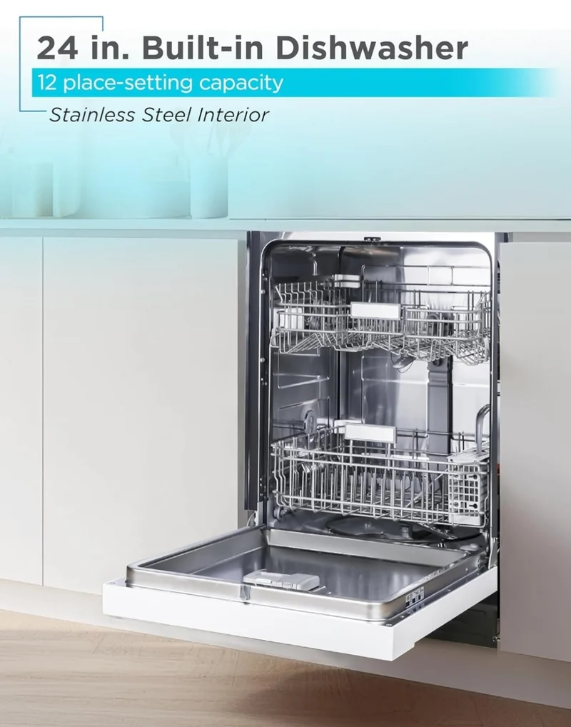 BLACK+DECKER 24" Built-In Dishwasher, 12-Place Setting Capacity with Stainless Steel Tub, Dish Washer with 5 Wash Programs and Smart Wash Cycle, ENERGY STAR Certified, BDW100MW, White