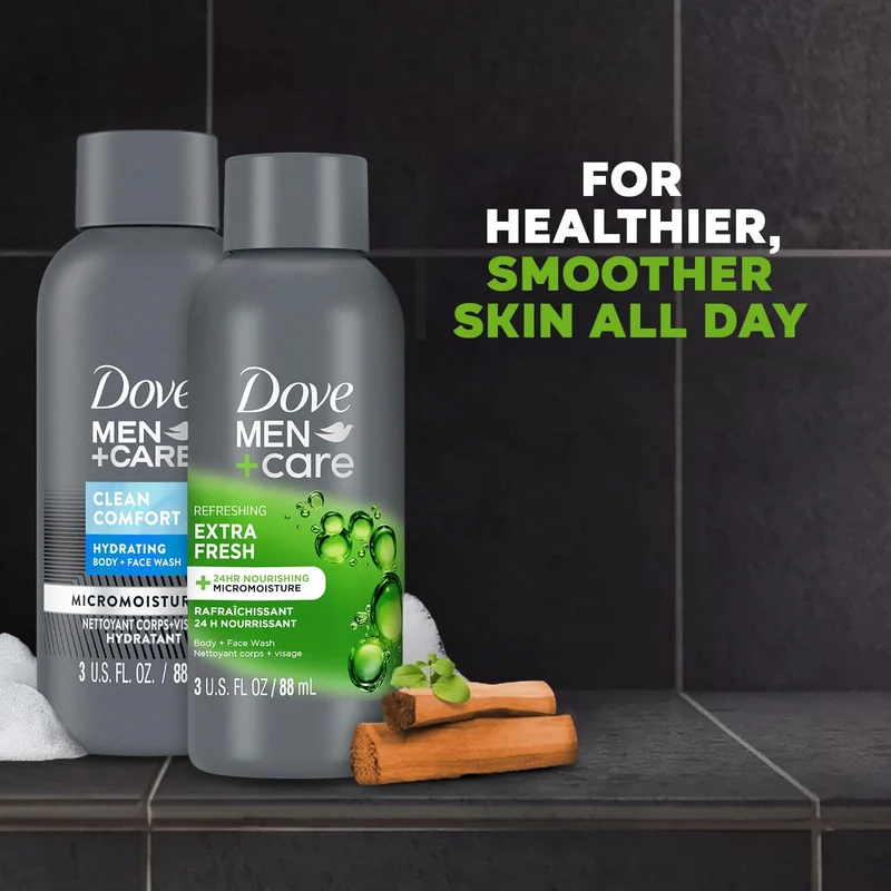 Dove Men+Care Body & Face Wash Variety Extra Fresh + Clean Comfort, Travel Essentials, 3 Oz (Pack of 2)