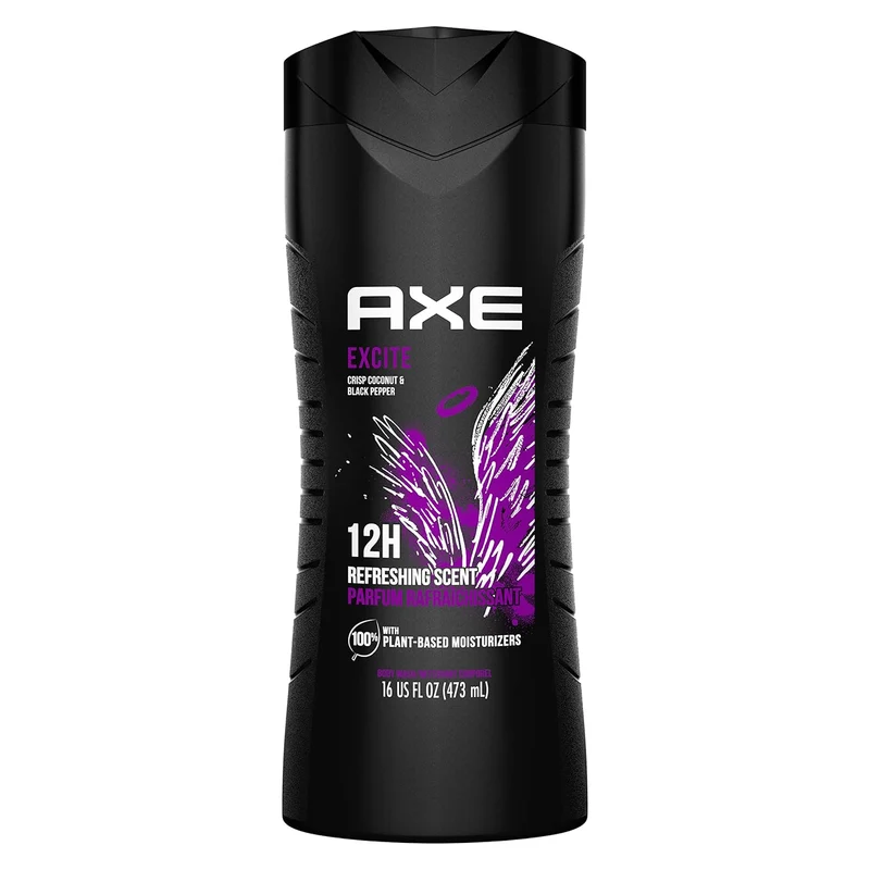 AXE Body Wash 12h Refreshing Scent Excite Crisp Coconut and Black Pepper Men's Body Wash 100% Plant-Based (16 oz) Pack of 2