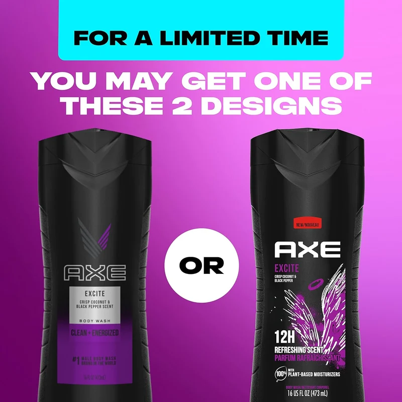 AXE Body Wash 12h Refreshing Scent Excite Crisp Coconut and Black Pepper Men's Body Wash 100% Plant-Based (16 oz) Pack of 2