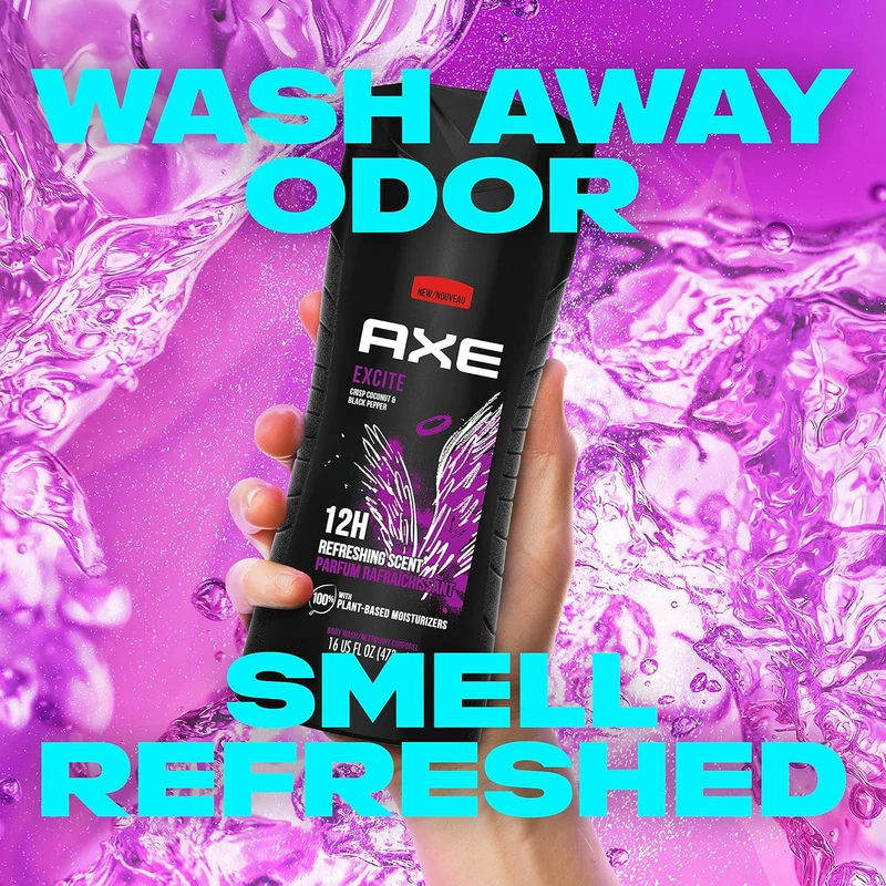AXE Body Wash 12h Refreshing Scent Excite Crisp Coconut and Black Pepper Men's Body Wash 100% Plant-Based (16 oz) Pack of 2