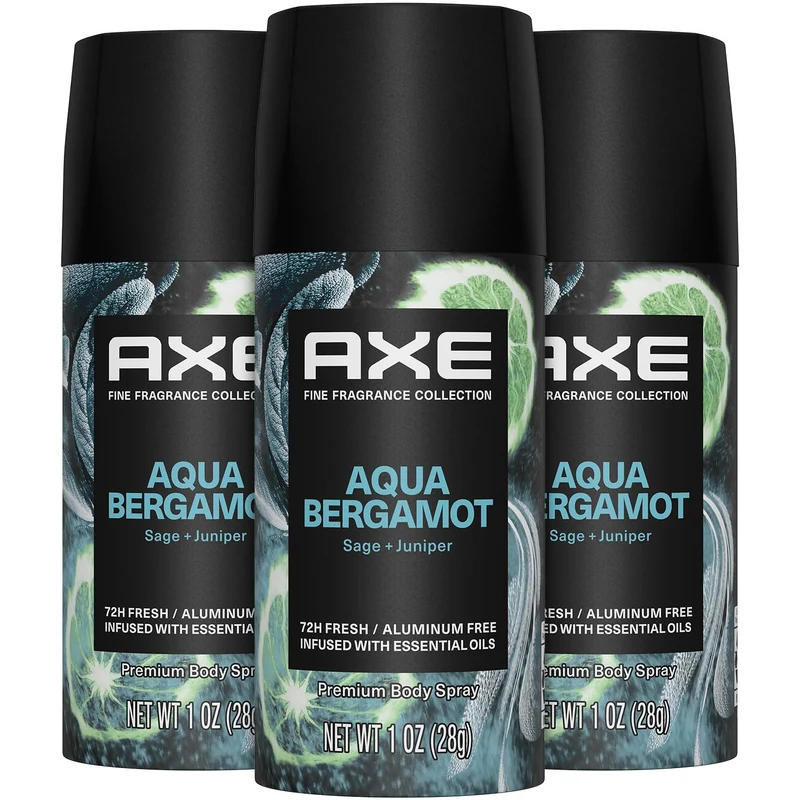AXE Aluminum-Free Deodorant, Travel Size Body Spray, Aqua Bergamot 3 Pack, 72 Hour Odor Protection (1oz) Pack of 3