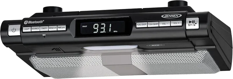 Modern Wireless Under Cabinet Kitchen Universal Bluetooth Music System, FM Radio, Clock LCD Digital Display , Built-in Hands-free Mic & Speakers (Includes Mounting Hardware)