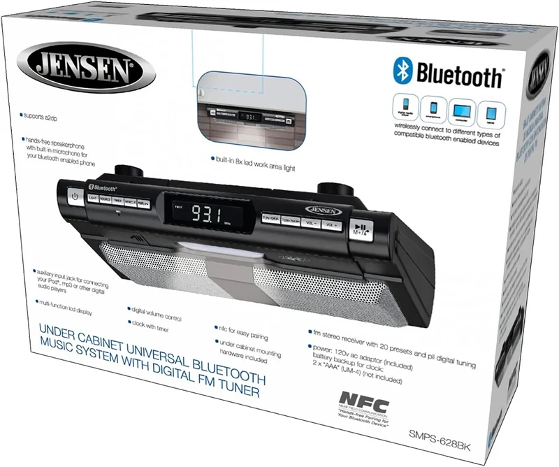 Modern Wireless Under Cabinet Kitchen Universal Bluetooth Music System, FM Radio, Clock LCD Digital Display , Built-in Hands-free Mic & Speakers (Includes Mounting Hardware)