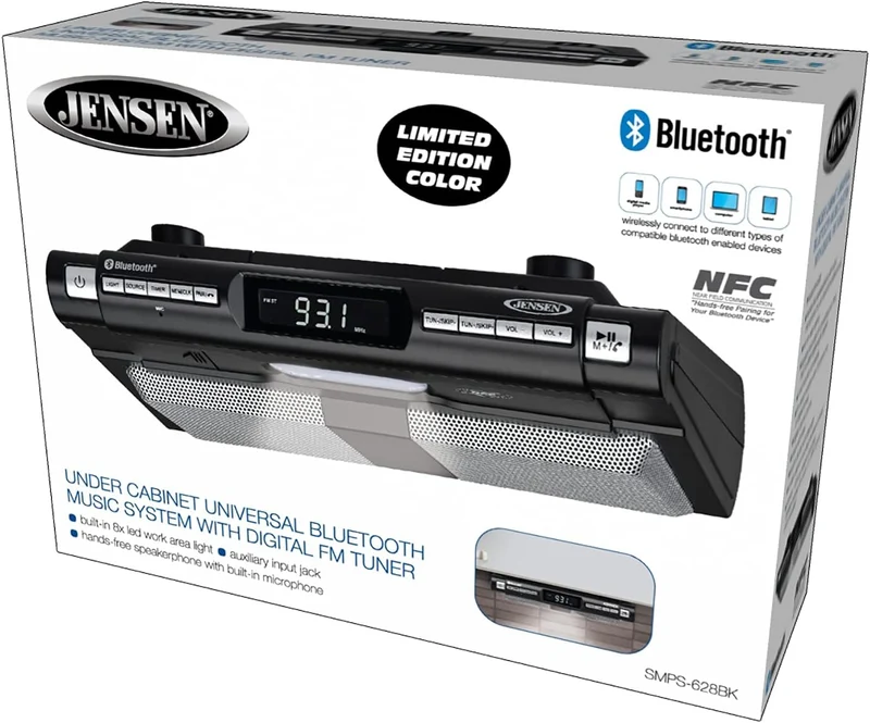 Modern Wireless Under Cabinet Kitchen Universal Bluetooth Music System, FM Radio, Clock LCD Digital Display , Built-in Hands-free Mic & Speakers (Includes Mounting Hardware)