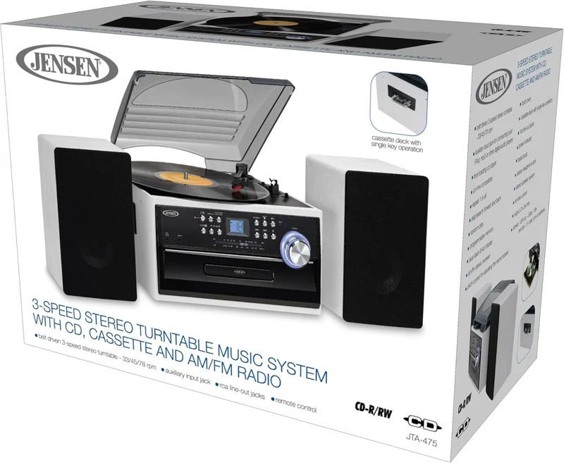 JTA-475 3-Speed Turntable w/ CD, Cassette & AM/FM Stereo Radio + Bonus 2 Pack Record Player Replacement Needles