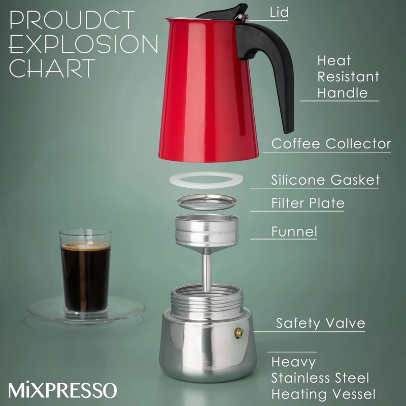 Mixpresso Red 9 Cup Greca Stovetop Espresso Pot 450ml/15oz, Moka Pot with Coffee Percolator Design, Stainless Steel Stove Top Coffee Maker for Camping or Home Use,Italian Stovetop Espresso Maker
