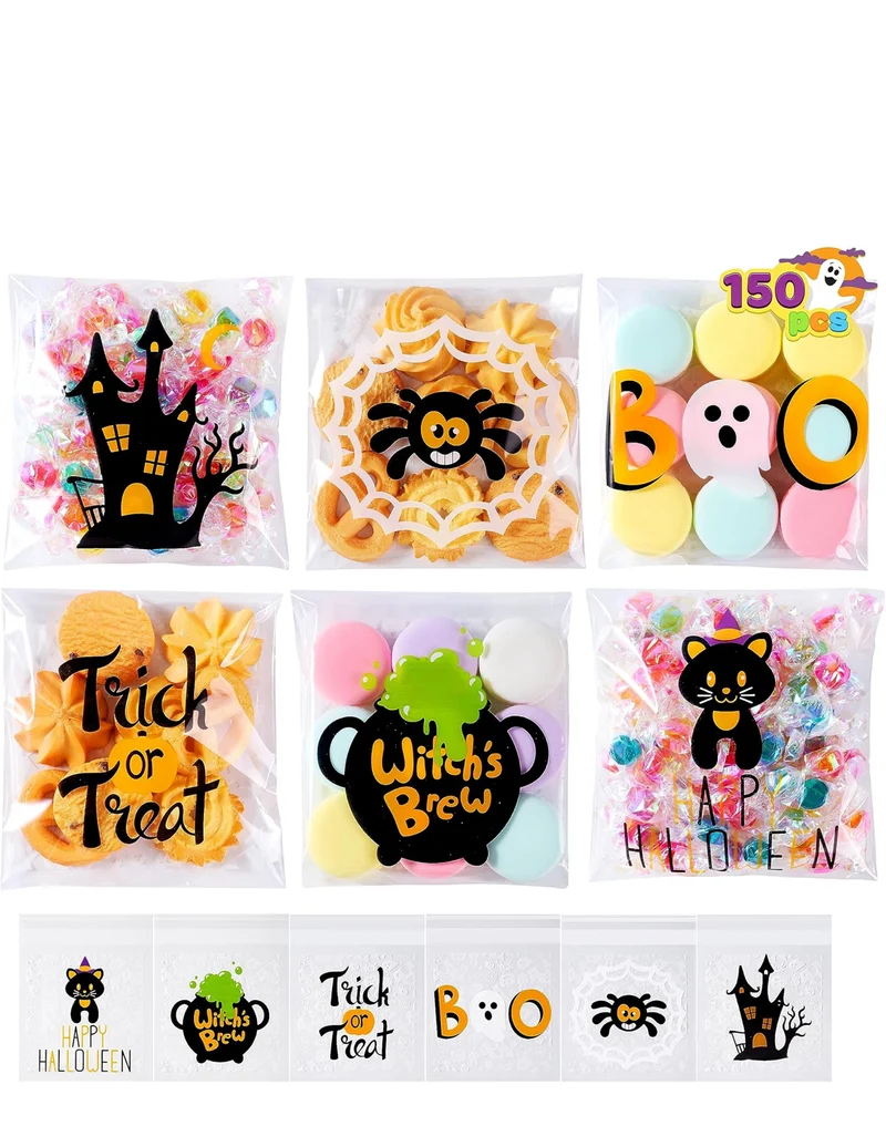 JOYIN 150 PCS Halloween Cellophane Treat Bags, Self Adhesive Clear Cookie and Candy Bags for Kids Trick or Treating, Small Goodie Gift Ziplock Bag Bulk for Halloween Party Favors Supplies in 6 Designs