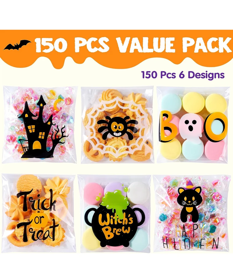 JOYIN 150 PCS Halloween Cellophane Treat Bags, Self Adhesive Clear Cookie and Candy Bags for Kids Trick or Treating, Small Goodie Gift Ziplock Bag Bulk for Halloween Party Favors Supplies in 6 Designs