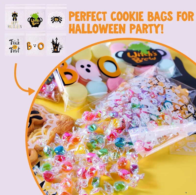 JOYIN 150 PCS Halloween Cellophane Treat Bags, Self Adhesive Clear Cookie and Candy Bags for Kids Trick or Treating, Small Goodie Gift Ziplock Bag Bulk for Halloween Party Favors Supplies in 6 Designs