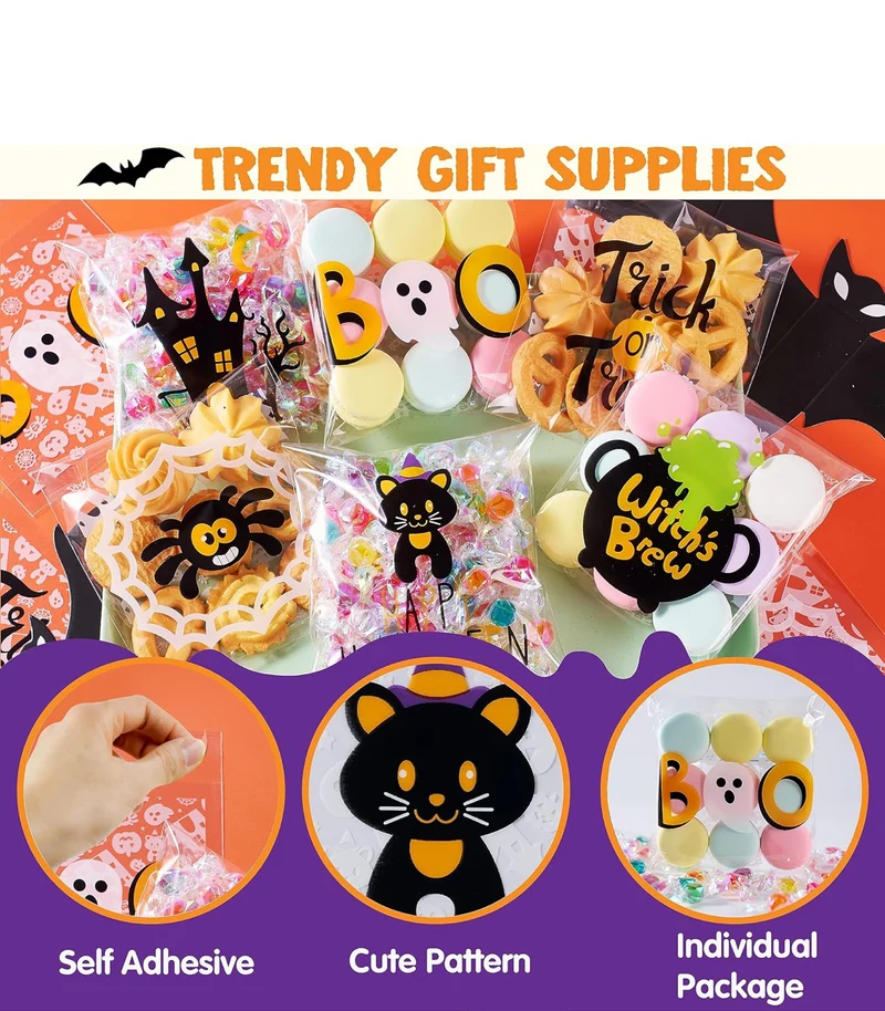 JOYIN 150 PCS Halloween Cellophane Treat Bags, Self Adhesive Clear Cookie and Candy Bags for Kids Trick or Treating, Small Goodie Gift Ziplock Bag Bulk for Halloween Party Favors Supplies in 6 Designs