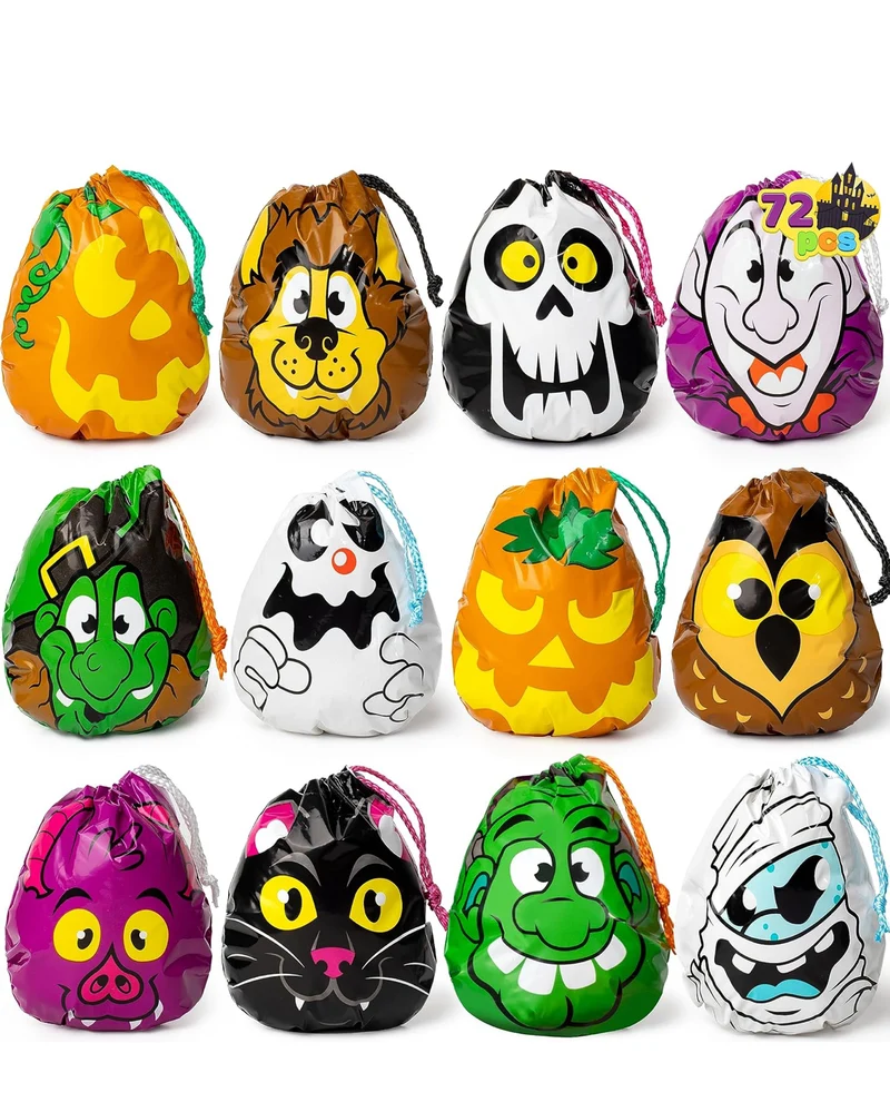 JOYIN 72PCS Halloween Drawstring Goody Bags, Halloween Treats Bags, Trick or Treat Bag, Goodie Candy Gift Bag Bulk for Kids Trick or Treating, Party Favors Supplies, 12 Designs Classroom Gifts Prizes