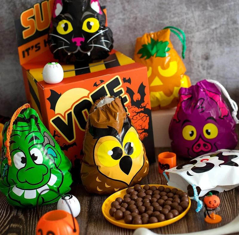 JOYIN 72PCS Halloween Drawstring Goody Bags, Halloween Treats Bags, Trick or Treat Bag, Goodie Candy Gift Bag Bulk for Kids Trick or Treating, Party Favors Supplies, 12 Designs Classroom Gifts Prizes