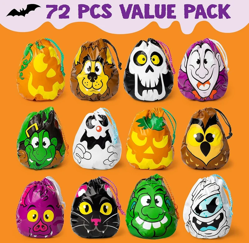 JOYIN 72PCS Halloween Drawstring Goody Bags, Halloween Treats Bags, Trick or Treat Bag, Goodie Candy Gift Bag Bulk for Kids Trick or Treating, Party Favors Supplies, 12 Designs Classroom Gifts Prizes
