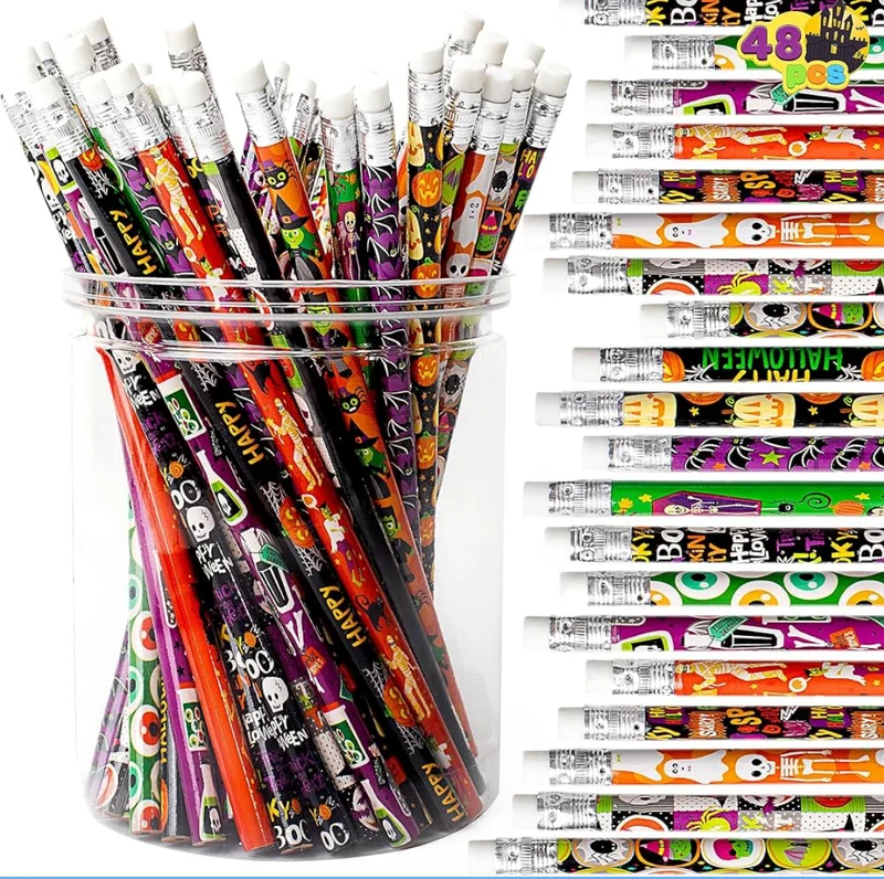 JOYIN 48PCS Halloween Pencils Bulk with Eraser, Colorful Fall Pencil Assortment, 12 Design Halloween Themed Stationery Set for Kid Girl Boy Trick or Treating Party Favor Supplies, Classroom Gift Prize