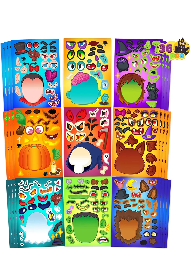 JOYIN 36 PCS Halloween Make-a-face Sticker Sheet, Kids Party Favor Craft Supplies, Make Your Own Characters Stickers with Vampire, Witch, Frankenstein, Ghost, Halloween Goodies Class Activities Game