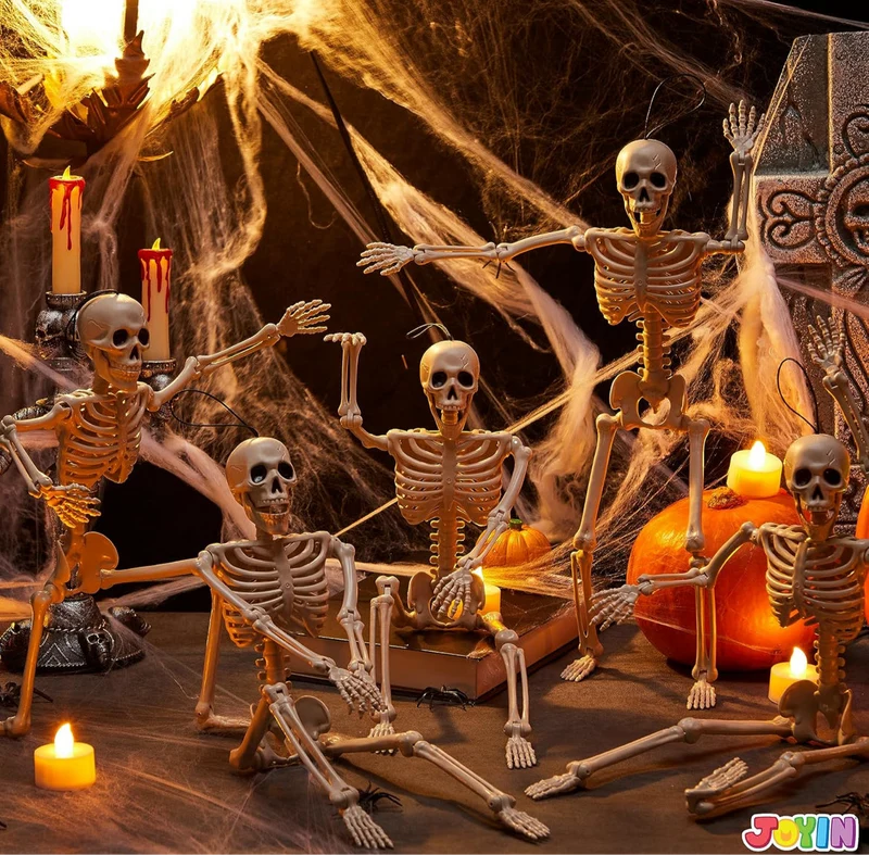 JOYIN 5 PCS Posable Halloween Skeleton Decor 16 Inches, Full Body Posable Joints Hanging Skeletons for Halloween Decorations, Graveyard Props, Haunted House Accessories, Spooky Scene Party Favors