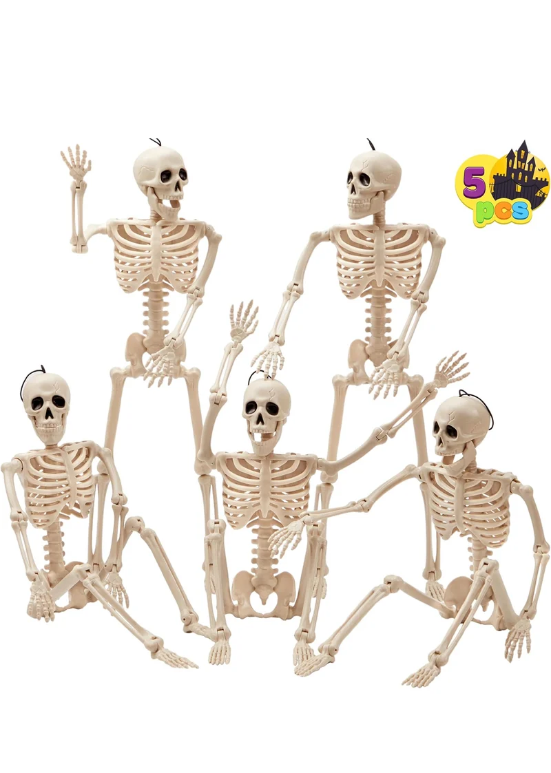JOYIN 5 PCS Posable Halloween Skeleton Decor 16 Inches, Full Body Posable Joints Hanging Skeletons for Halloween Decorations, Graveyard Props, Haunted House Accessories, Spooky Scene Party Favors