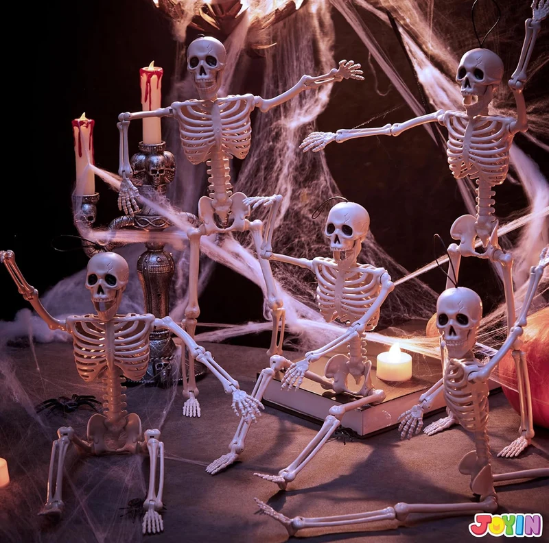 JOYIN 5 PCS Posable Halloween Skeleton Decor 16 Inches, Full Body Posable Joints Hanging Skeletons for Halloween Decorations, Graveyard Props, Haunted House Accessories, Spooky Scene Party Favors