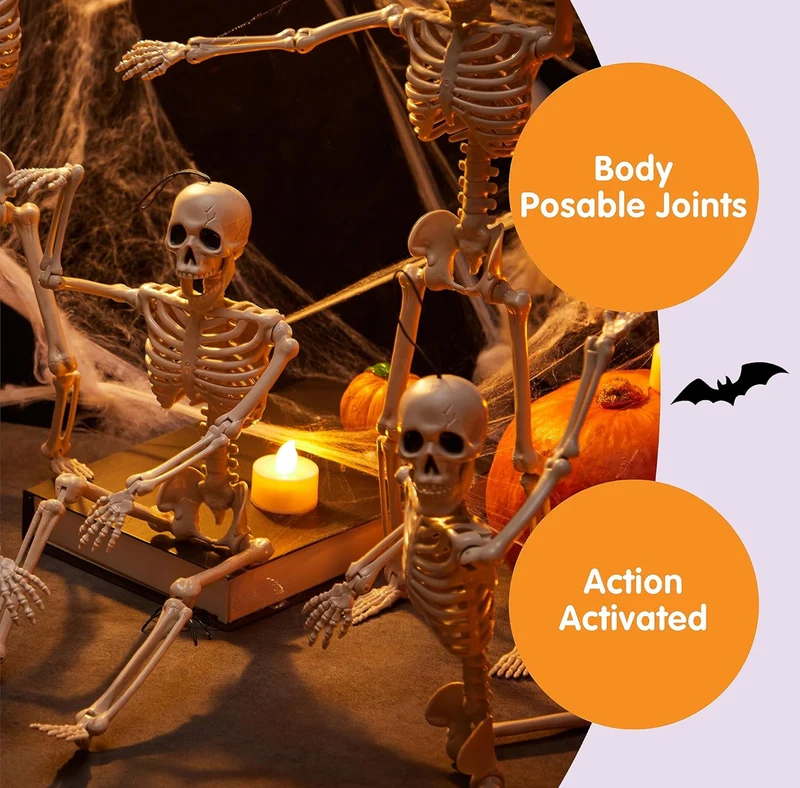 JOYIN 5 PCS Posable Halloween Skeleton Decor 16 Inches, Full Body Posable Joints Hanging Skeletons for Halloween Decorations, Graveyard Props, Haunted House Accessories, Spooky Scene Party Favors