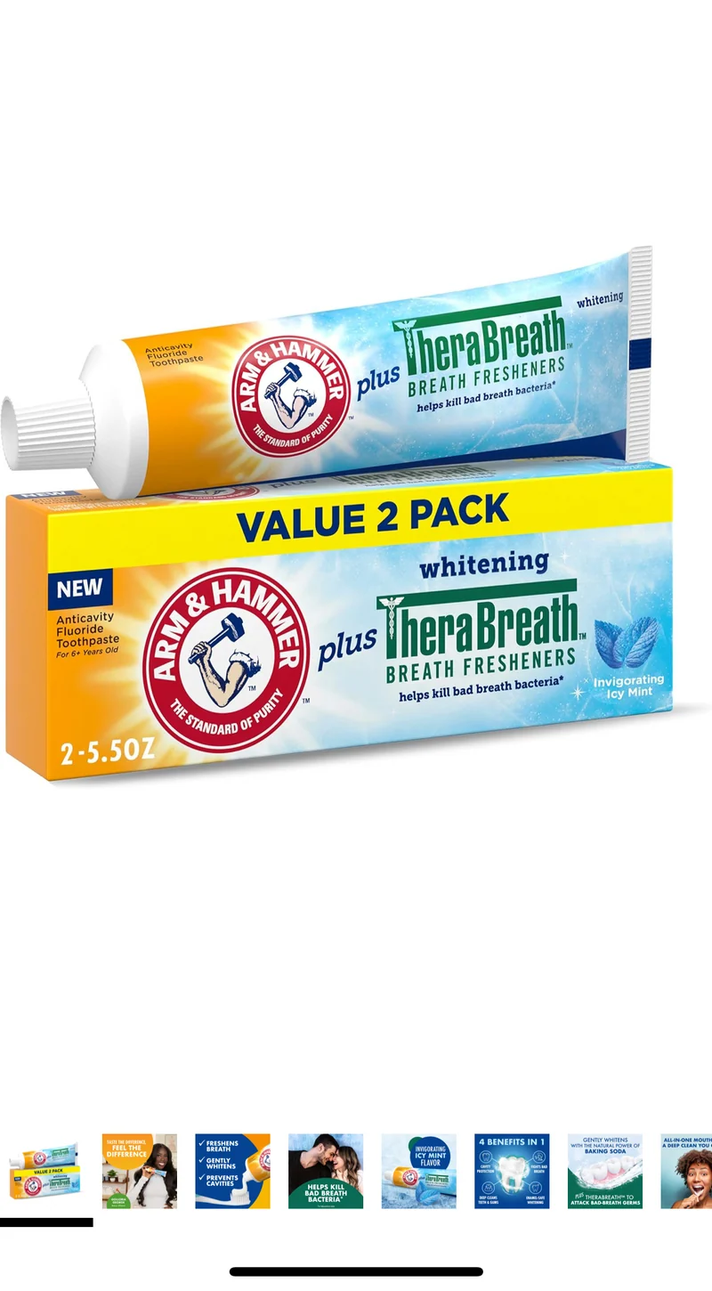 ARM & HAMMER Toothpaste Plus TheraBreath Breath Fresheners, Invigorating - ICY Mint Flavor 5.5 Oz (Pack of 2)