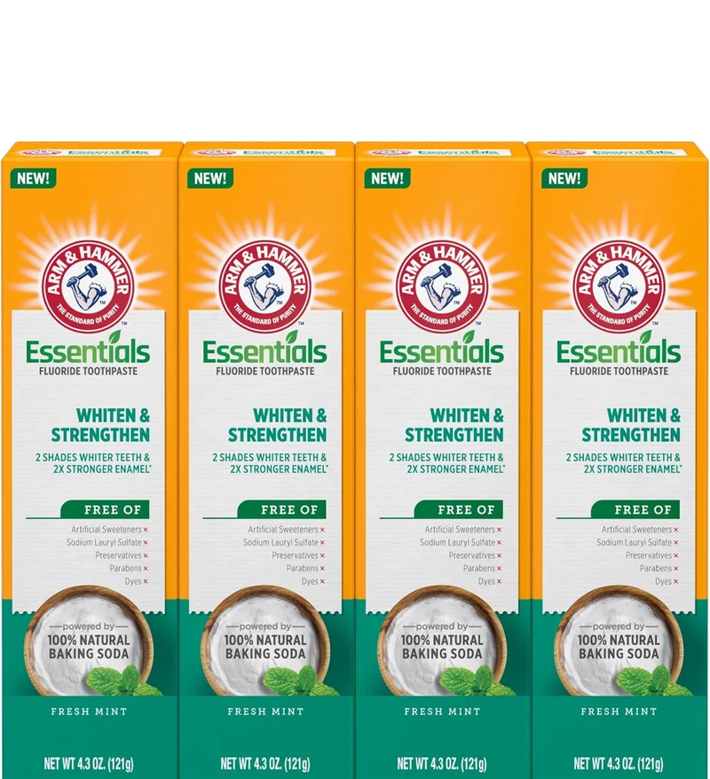 ARM & HAMMER Essentials Whiten & Strengthen Fluoride Toothpaste - Pack of 4 (4.3oz Tubes) - Fresh Mint
