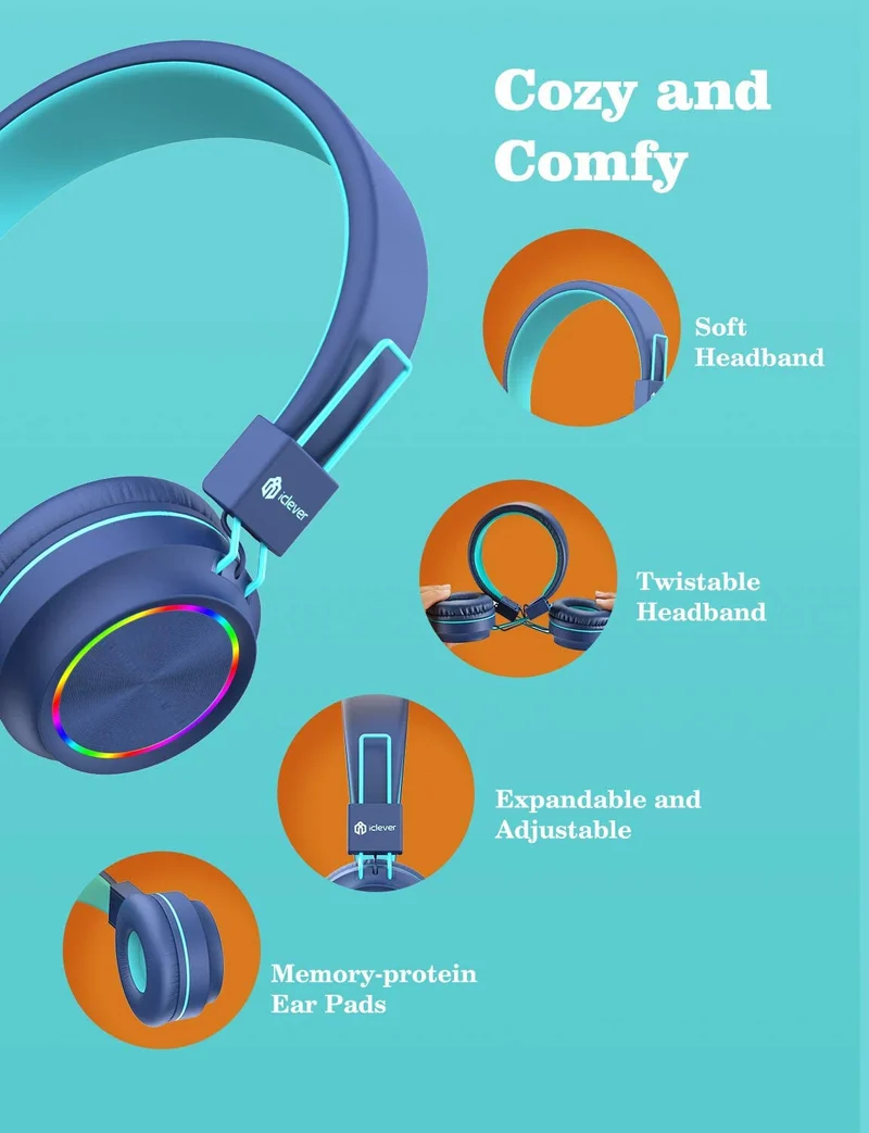BLUE BTH03 Kids Bluetooth Headphones Safe Volume, Colorful LED Lights, 25 Hour