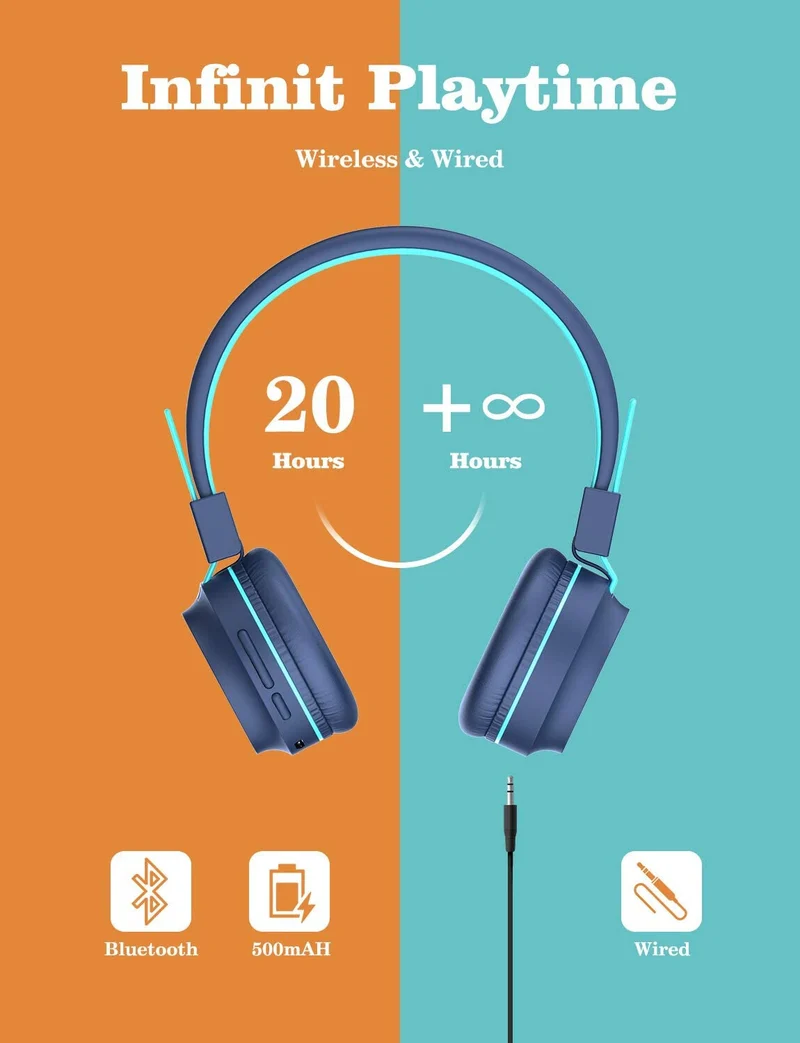 BLUE BTH03 Kids Bluetooth Headphones Safe Volume, Colorful LED Lights, 25 Hour