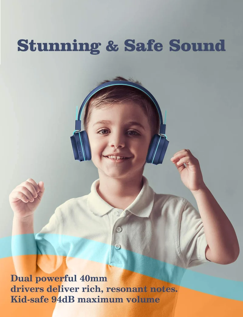 BLUE BTH03 Kids Bluetooth Headphones Safe Volume, Colorful LED Lights, 25 Hour