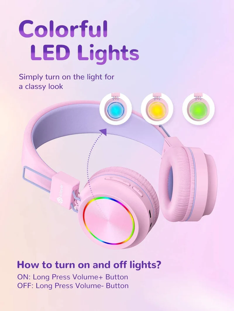PINK BTH03 Kids Bluetooth Headphones Safe Volume, Colorful LED Lights, 25Hour