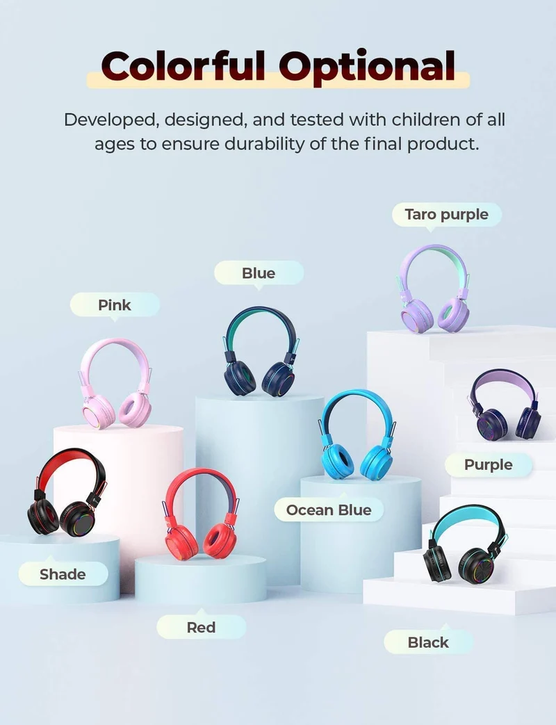 PINK BTH03 Kids Bluetooth Headphones Safe Volume, Colorful LED Lights, 25Hour