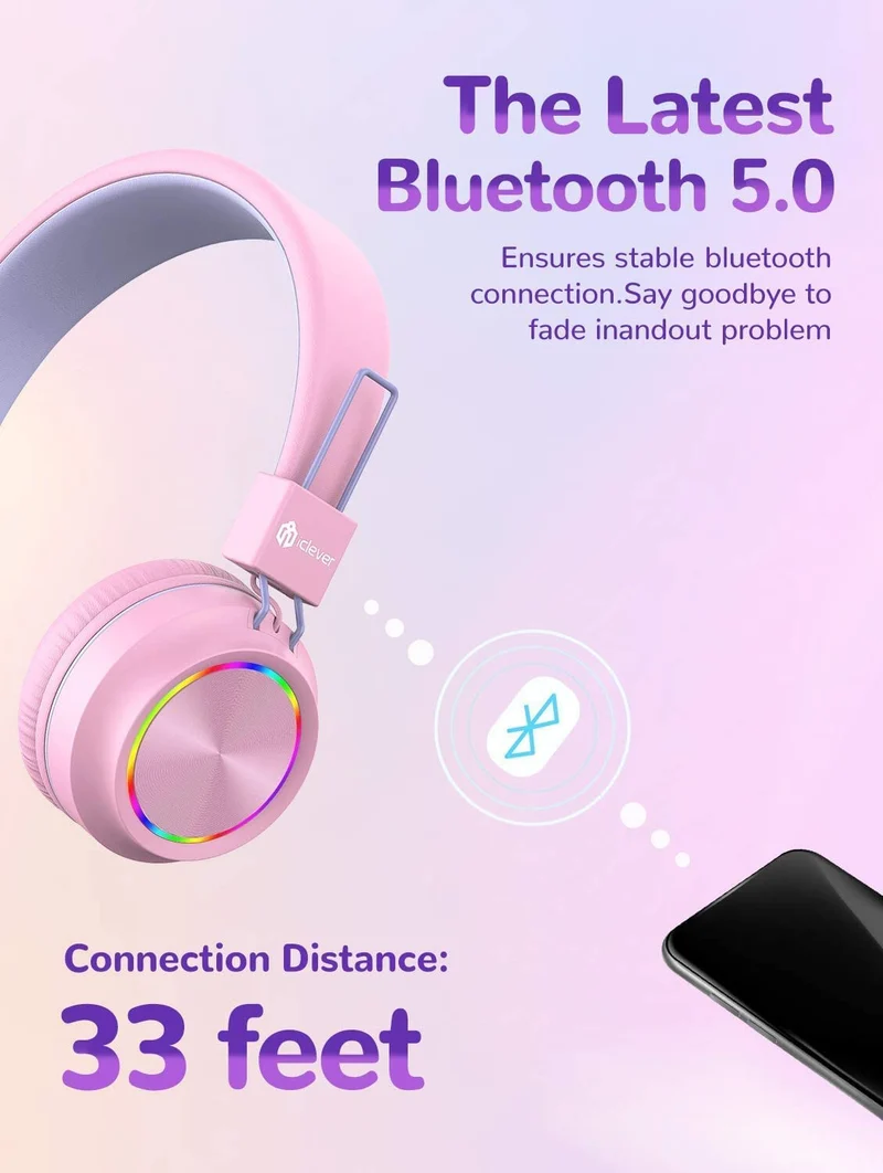 PINK BTH03 Kids Bluetooth Headphones Safe Volume, Colorful LED Lights, 25Hour