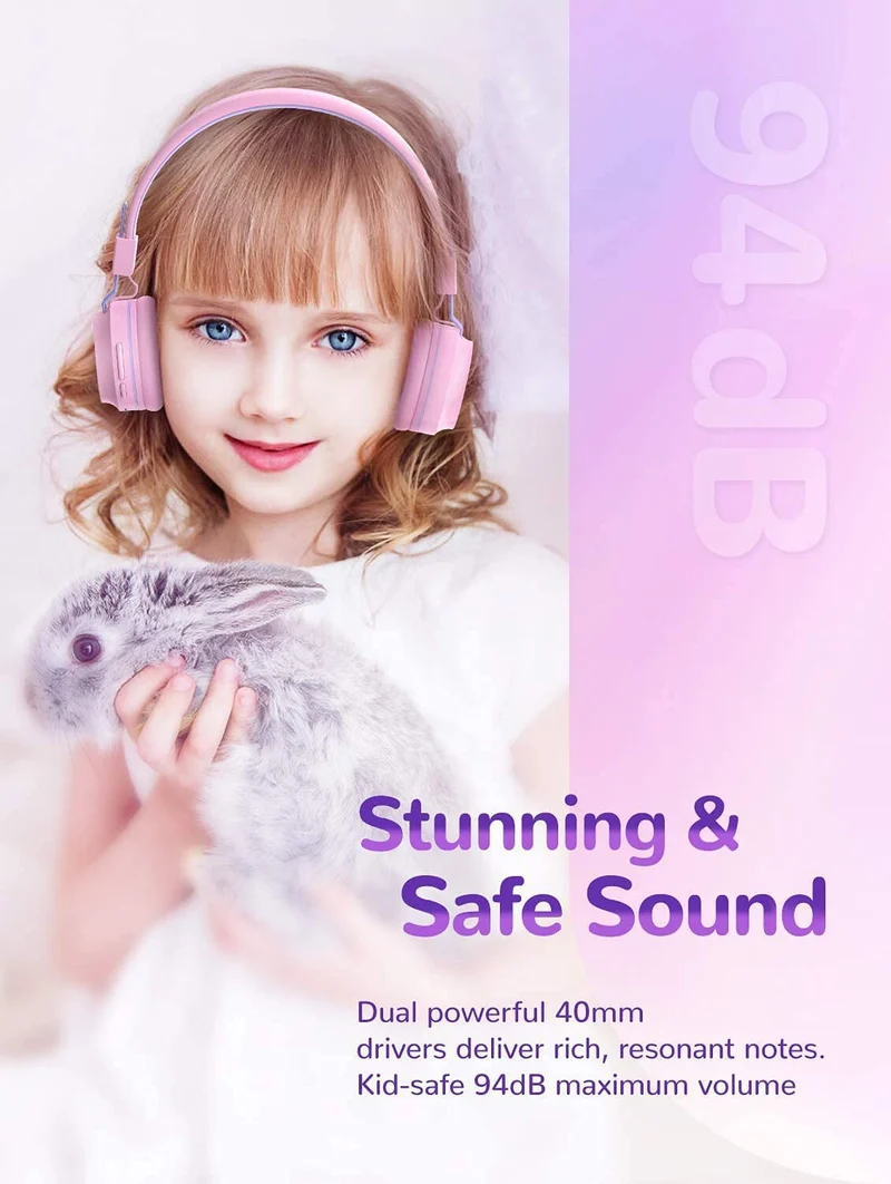 PINK BTH03 Kids Bluetooth Headphones Safe Volume, Colorful LED Lights, 25Hour