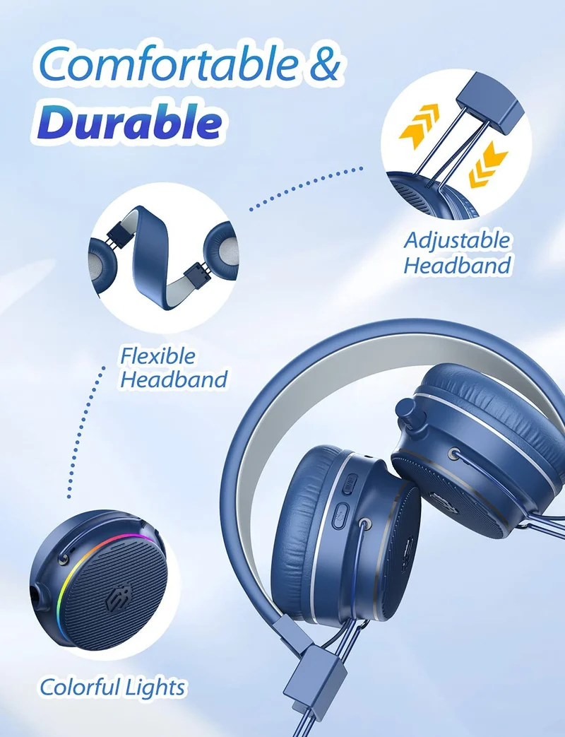 NAVY BLUE BTH03 Kids Bluetooth Headphones Safe Volume, Colorful LED LIGHTS