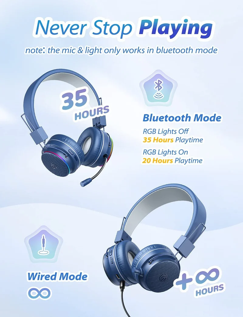 NAVY BLUE BTH03 Kids Bluetooth Headphones Safe Volume, Colorful LED LIGHTS