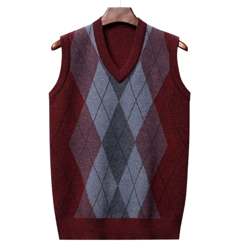 Pull sans manche col V à motif carreaux