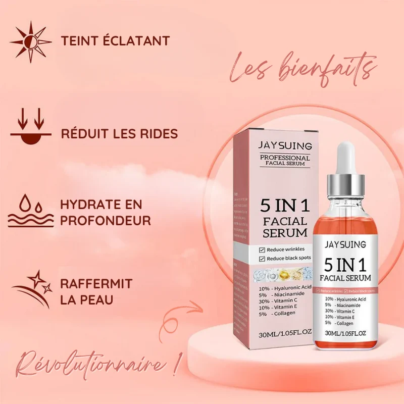 Sérum Visage 5 en 1 : Hyaluronique, Niacinamide, Vitamine C et E & Collagène