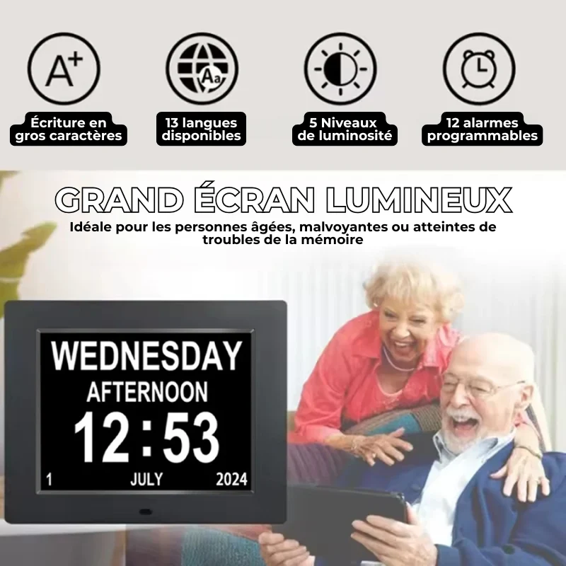Horloge Digitale Grand Écran et 12 alarmes – Rappel Médical Senior