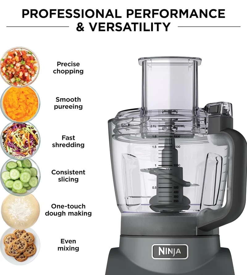 Ninja Food Processor, Professional Plus, 1000 Peak Watts, 4 Functions for Chopping, Slicing, Purees & Dough with 9-Cup Processor Bowl, 3 Blades, Food Chute & Pusher