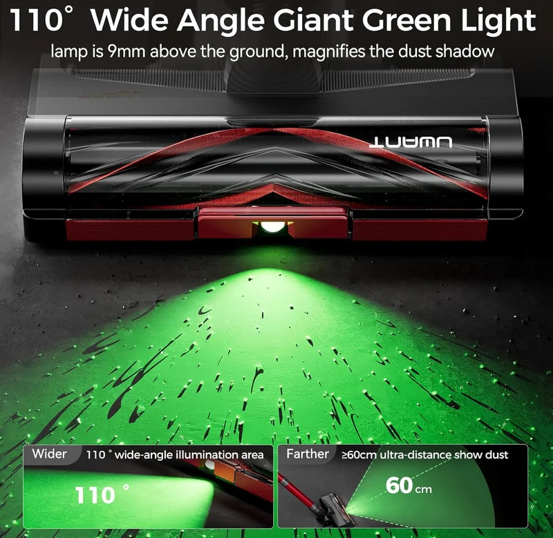 Cordless Lightweight Handheld Vacuum Cleaner 35Kpa Powerful Suction Wide Green Headlight Vacuum Cleaner for Home Pet Hair Anti-Tangle HEPA for Carpet Hard Floors