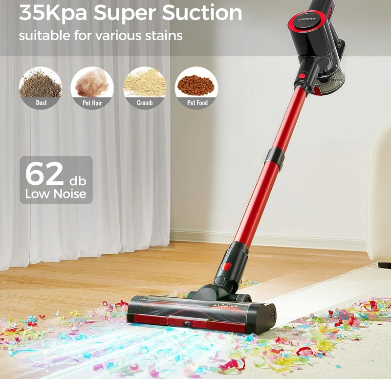 Cordless Lightweight Handheld Vacuum Cleaner 35Kpa Powerful Suction Wide Green Headlight Vacuum Cleaner for Home Pet Hair Anti-Tangle HEPA for Carpet Hard Floors