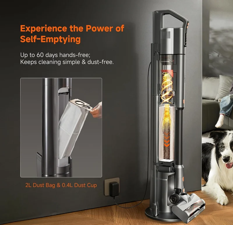 V500 Cordless Vacuum Cleaner w/ Auto Empty & Auto Dust Scrap System, 7-Layer HEPA Filtration, Anti-Tangle Brush, Stick Vacuum for Pet Hair, Hard Floors, Carpet - (Grey)