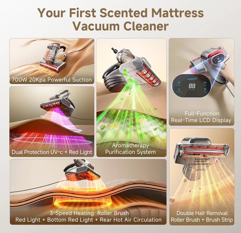 Triple Deep Cleaning Bed Vacuum Cleaner 700W 20Kpa with Aromatherapy Purification, Triple Heating System HEPA Filter & Ultrasonic Mattress Vacuum