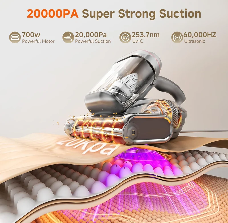 Triple Deep Cleaning Bed Vacuum Cleaner 700W 20Kpa with Aromatherapy Purification, Triple Heating System HEPA Filter & Ultrasonic Mattress Vacuum