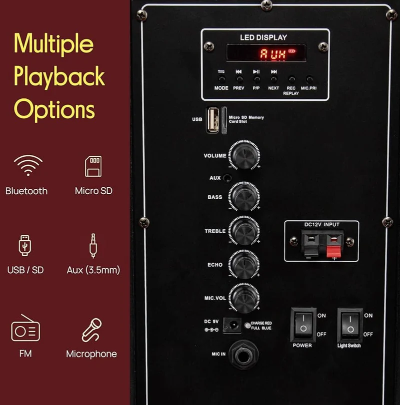 Portable PA Speaker System - 800W Powered Bluetooth Indoor & Outdoor DJ Stereo Loudspeaker with MP3 AUX 3.5mm Input, Flashing Party Light & FM Radio