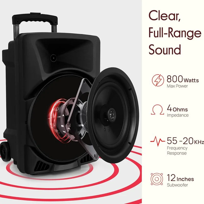 Portable PA Speaker System - 800W Powered Bluetooth Indoor & Outdoor DJ Stereo Loudspeaker with MP3 AUX 3.5mm Input, Flashing Party Light & FM Radio