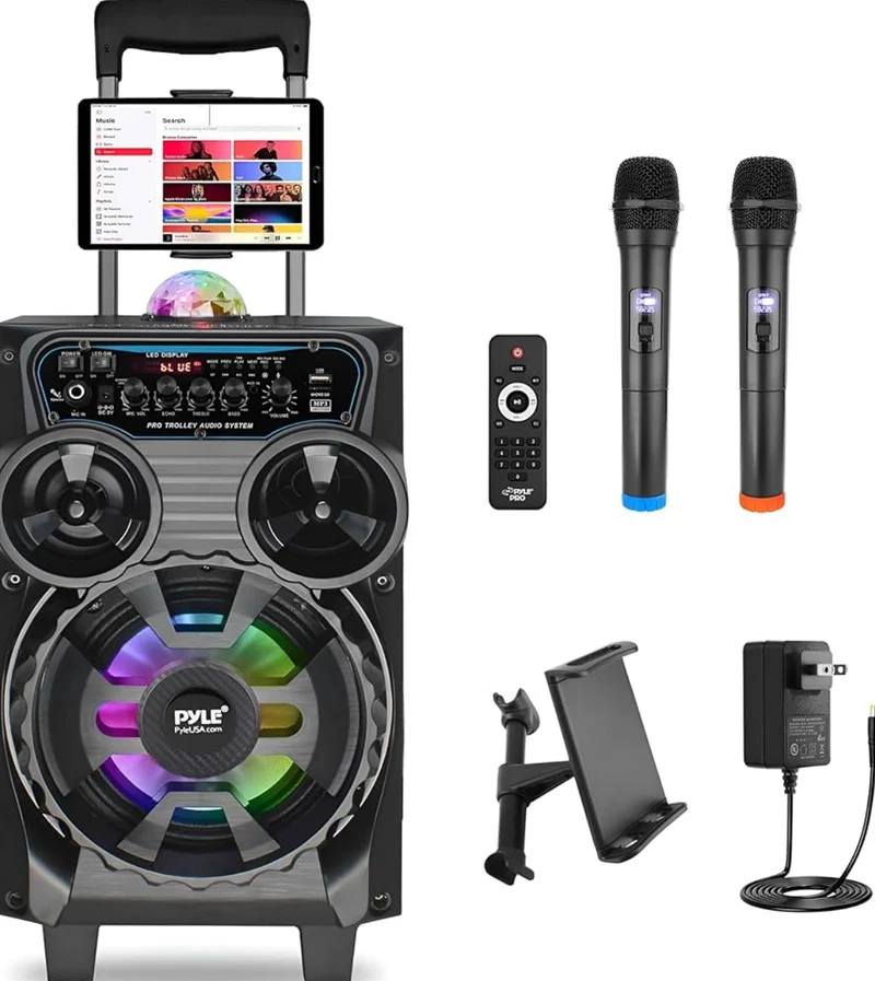 Portable Rechargeable Bluetooth PA Speaker - 580W 8” Outdoor BT Karaoke Audio System - TWS, Disco Party Lights, LED Display, FM/AUX/MP3/USB/SD, 6.5mm in, Trolley, Wheels - Wireless Mic, Remote