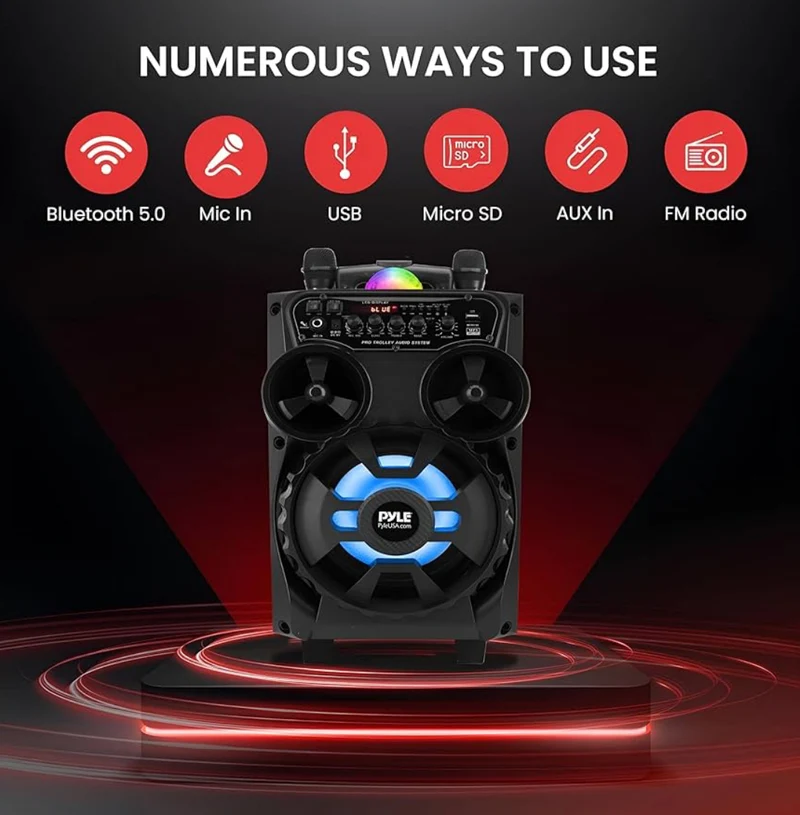 Portable Rechargeable Bluetooth PA Speaker - 580W 8” Outdoor BT Karaoke Audio System - TWS, Disco Party Lights, LED Display, FM/AUX/MP3/USB/SD, 6.5mm in, Trolley, Wheels - Wireless Mic, Remote