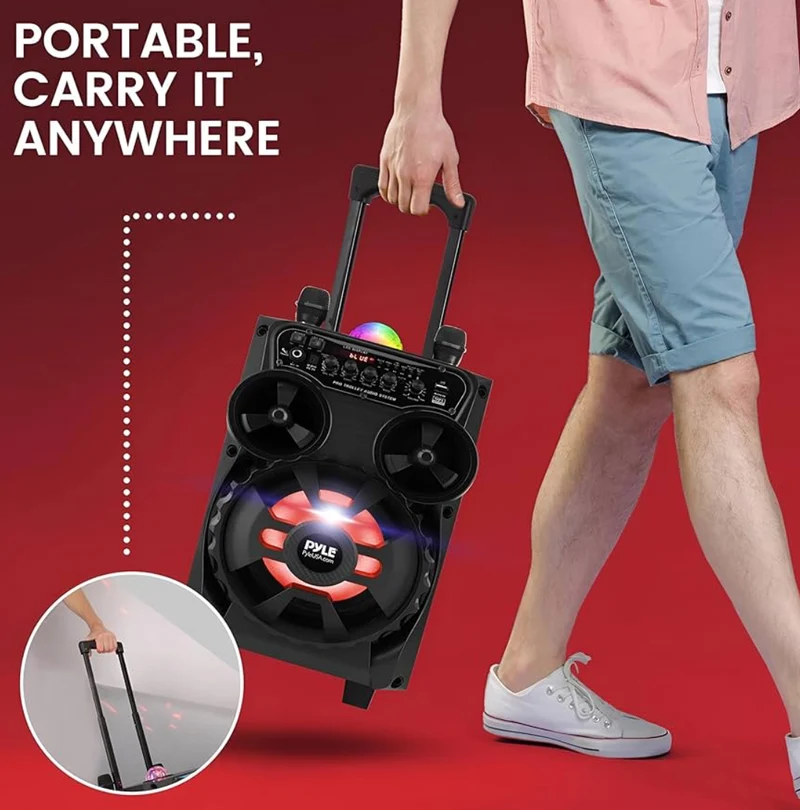 Portable Rechargeable Bluetooth PA Speaker - 580W 8” Outdoor BT Karaoke Audio System - TWS, Disco Party Lights, LED Display, FM/AUX/MP3/USB/SD, 6.5mm in, Trolley, Wheels - Wireless Mic, Remote